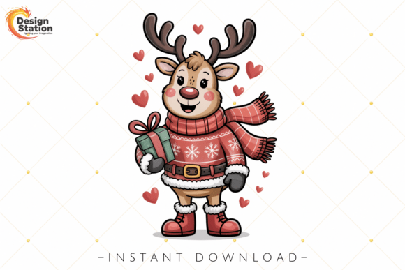 Download Cute Reindeer Christmas Gift PNG - Reindeer Collection
